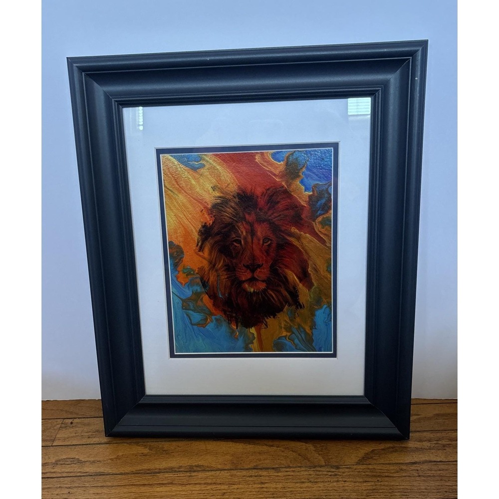 8x10 Acrylic Pour Painting Embellished W/ Lion Framed And Matted 15x18 Actual